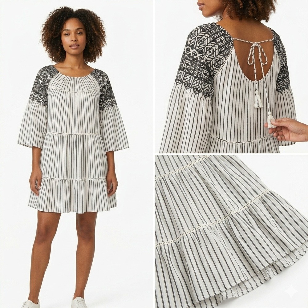 Free People Embroidered Striped Tiered Mini Dress Black Ivory Boho Tassel S